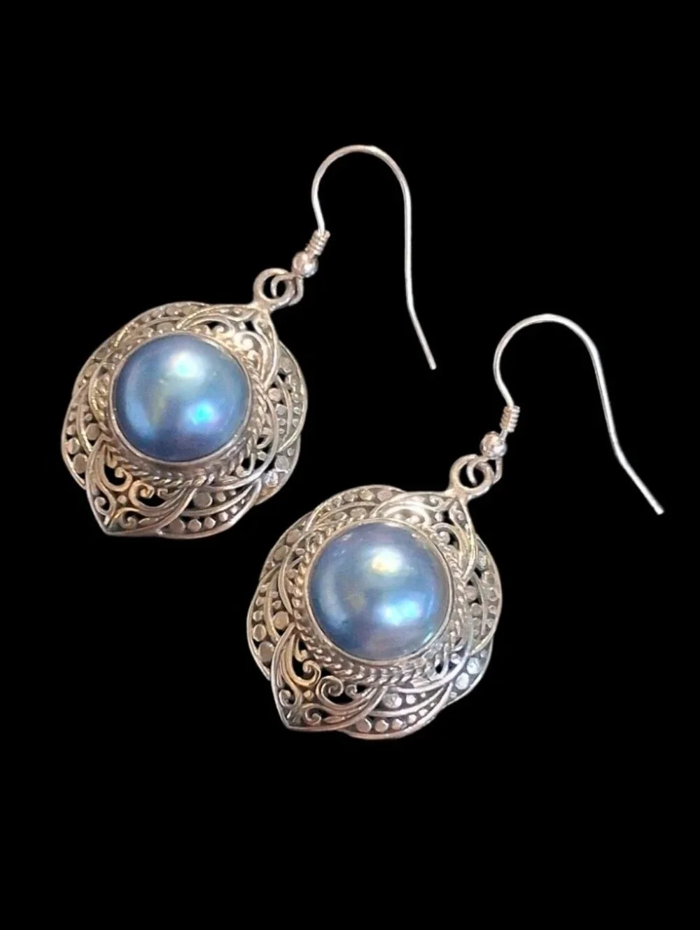 Cultured Blue Mabe Pearl Sterling Silver Dangle Drop Earrings Balinese Style